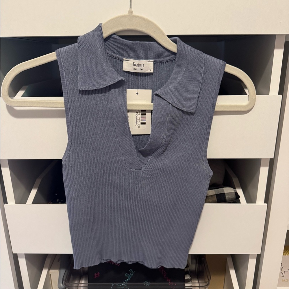 Reign Blue Sleeveless Collared Top